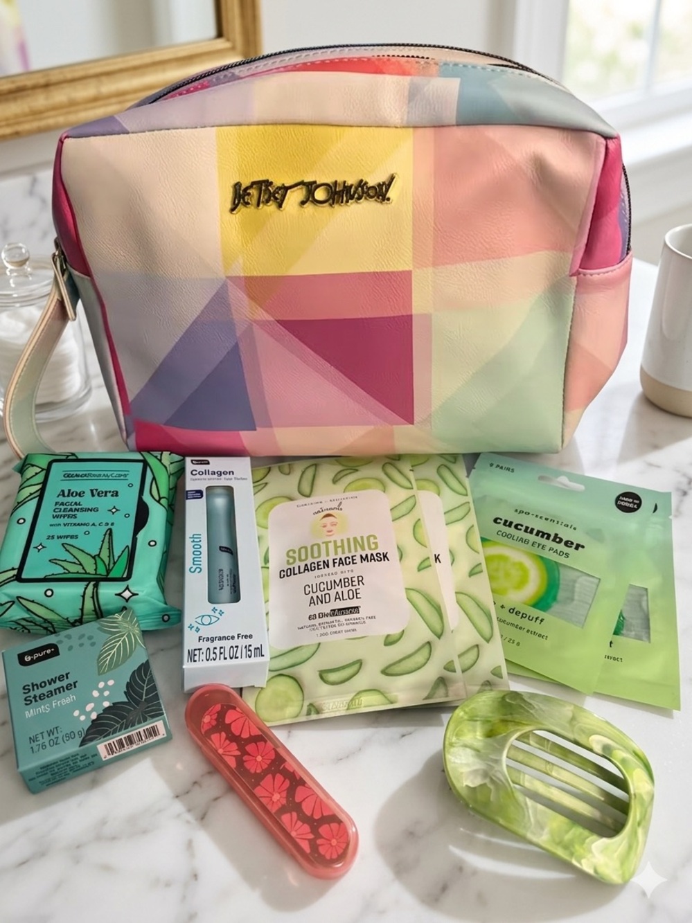 Betsey Johnson Pastel Geometric Cosmetic Pouch - Pink, Yellow, Blue, Purple